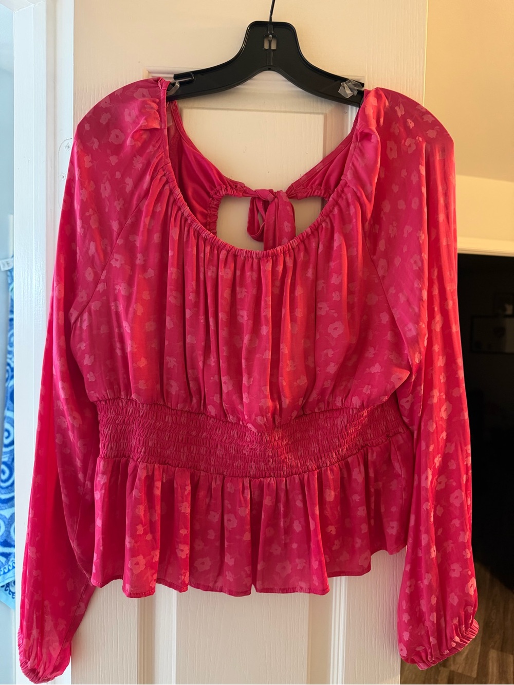 Versona Hot Pink Tie-Back Smocked Peplum Blouse